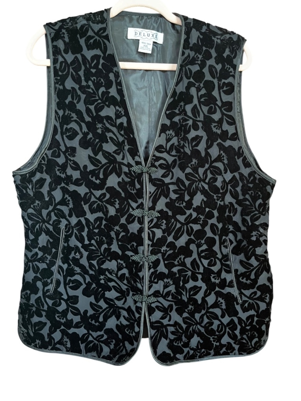 Deluxe Black 100% Silk Velvet Floral Burnout Quilted Vest Sixe XXL EUC